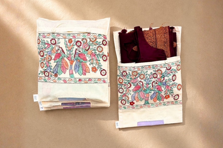 Aprudha Hand-Painted Madhubani Pakshi Saree & Blouse Bag - Pack of 4