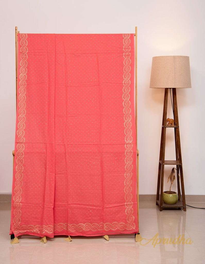 Imperial Red and Gold Hand Block Printed Mul Cotton Saree - Aprudha