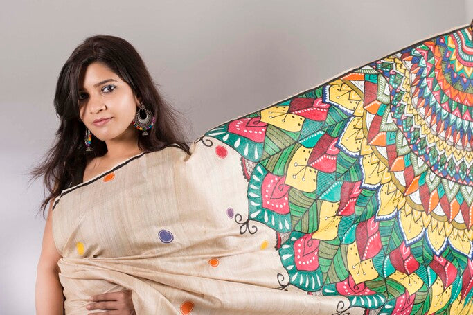 Mandala Rainbow - Beige & Multi-Coloured Madhubani Hand Painted Silk Saree