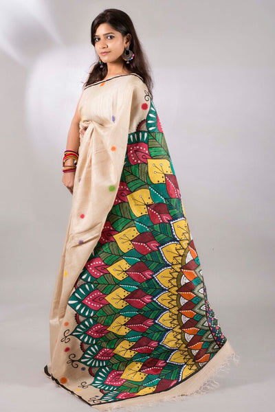 Mandala Rainbow - Beige & Multi-Coloured Madhubani Hand Painted Silk Saree