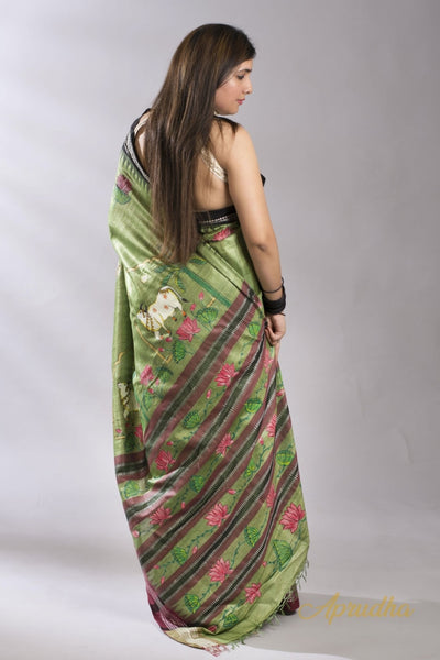Nandi - Green Pichhwai Hand-Painted Pure Kosa Silk Saree