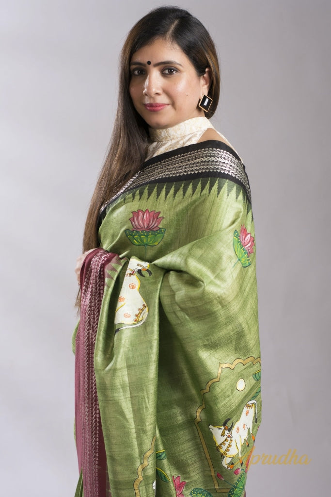 Nandi - Green Pichhwai Hand-Painted Pure Kosa Silk Saree