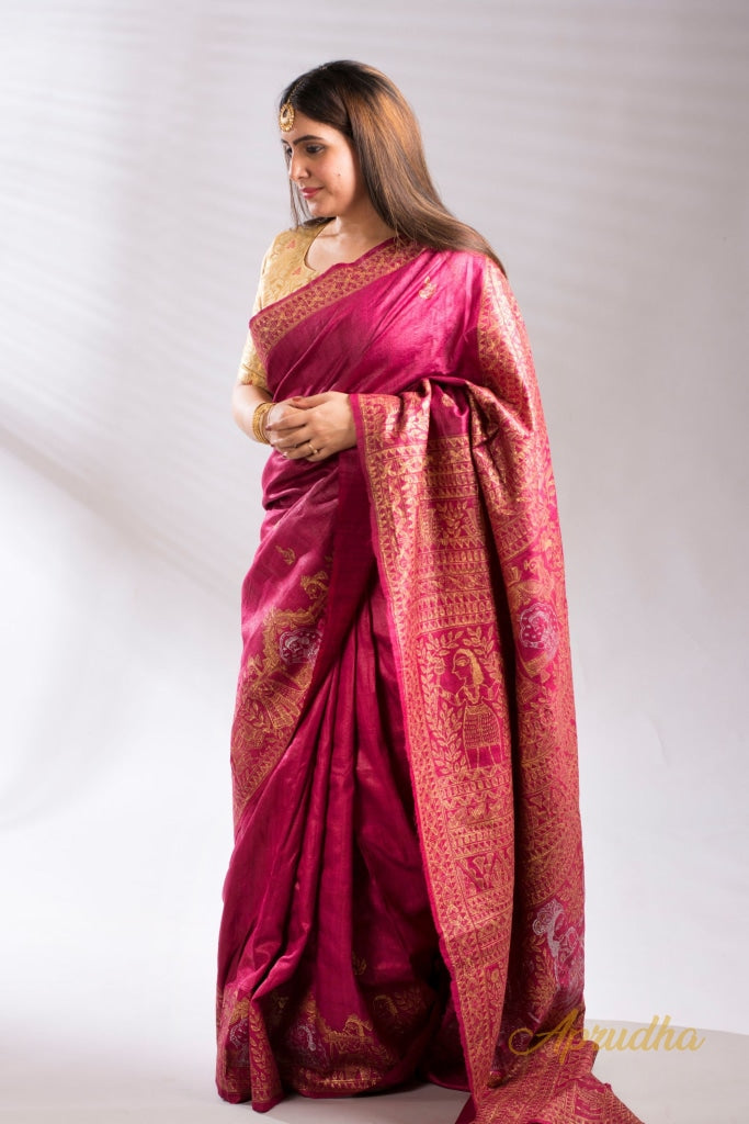 Swarn Kanya - Magenta Pink & Golden Madhubani Hand Painted Tussar Silk Saree