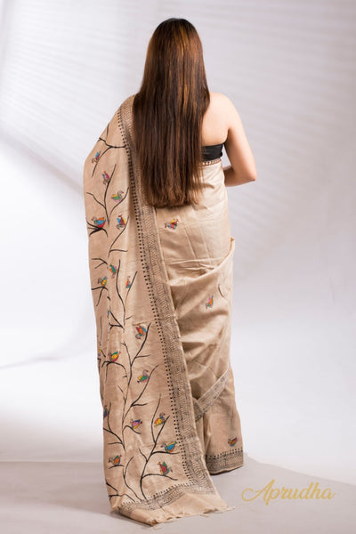 Peehu - Beige Madhubani Hand-Painted Tussar Silk Saree