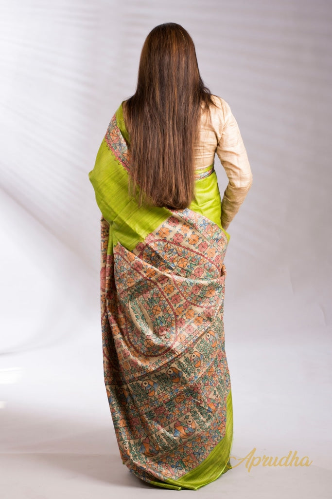 Kuhu - Green Madhubani Hand-Painted Ghicha Tussar Silk Saree