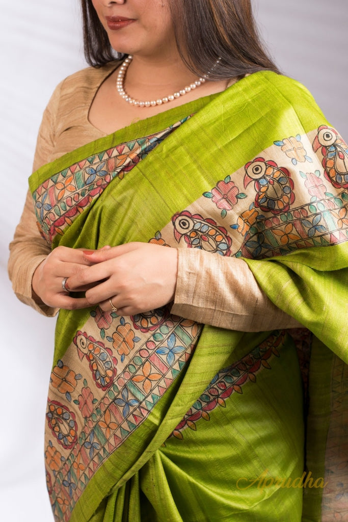 Kuhu - Green Madhubani Hand-Painted Ghicha Tussar Silk Saree
