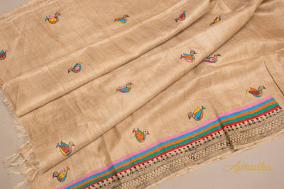 Peehu - Beige Madhubani Hand-Painted Tussar Silk Saree