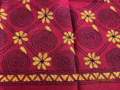 Deep Red & Yellow Floral Hand Embroidered Kantha Blouse Piece