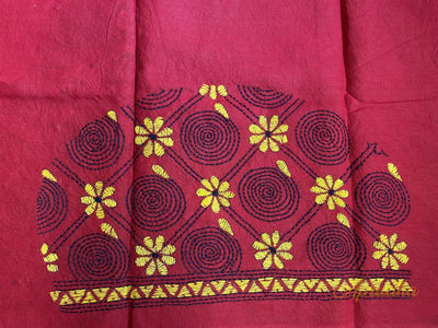 Deep Red & Yellow Floral Hand Embroidered Kantha Blouse Piece