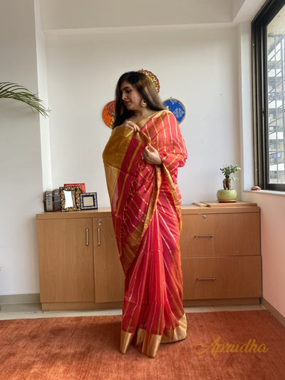Pure red saree with zari stripped Silk Cotton Saree
