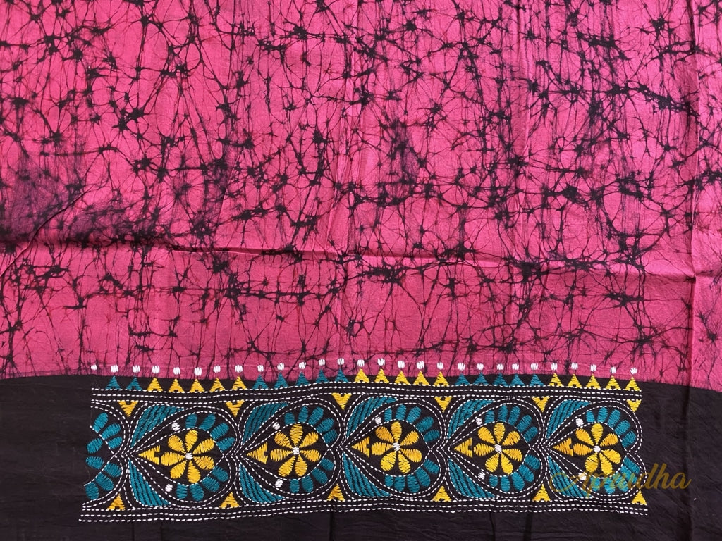 Rani Pink & Green Batik Kantha Hand Embroidered Blouse Piece - Aprudha