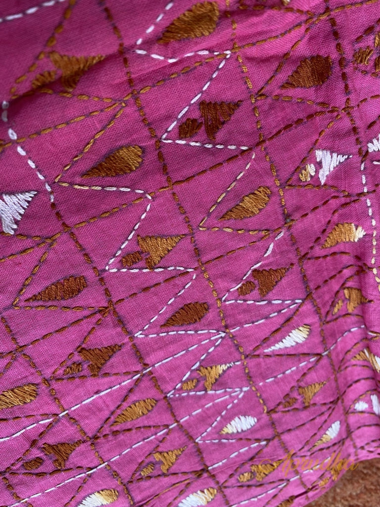 Pink & Brown -White All Over Kantha Hand Embroidered Blouse Piece