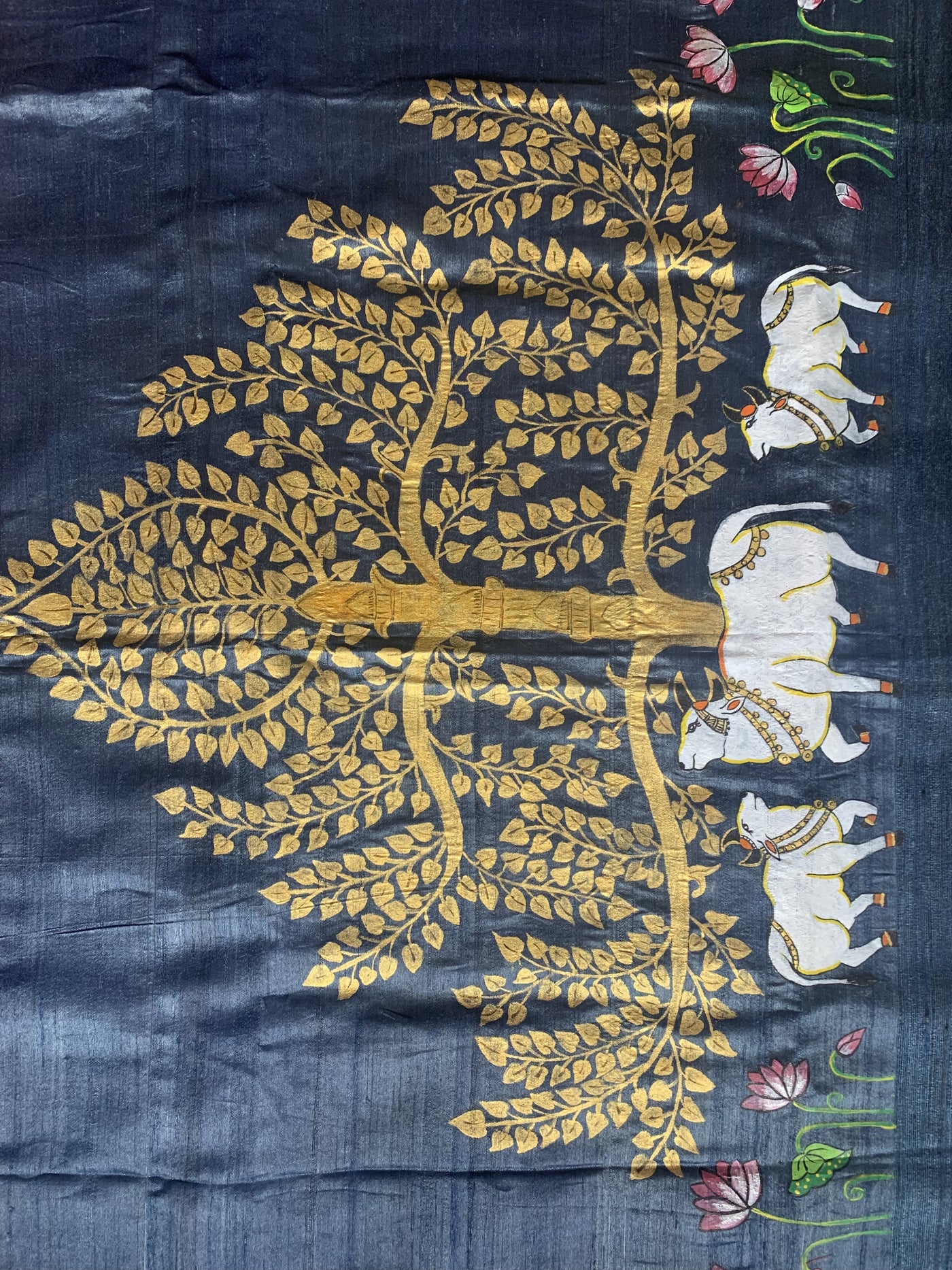 Tree of Life - Blue Pichhwai Hand-Painted Pure Kosa Silk Saree