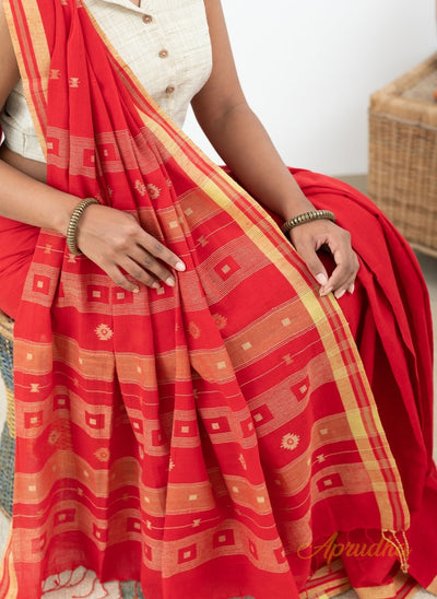 True Red Handwoven Premium Luxurious Cotton Saree - Aprudha