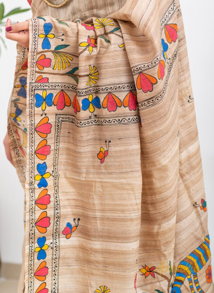 Sohrai - Beige Hand-Painted Ghicha Tussar Silk Saree