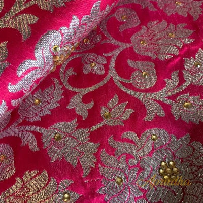 Pink Banarasi Brocade Blouse Piece With Silver Zari & Gold Kundan - Aprudha