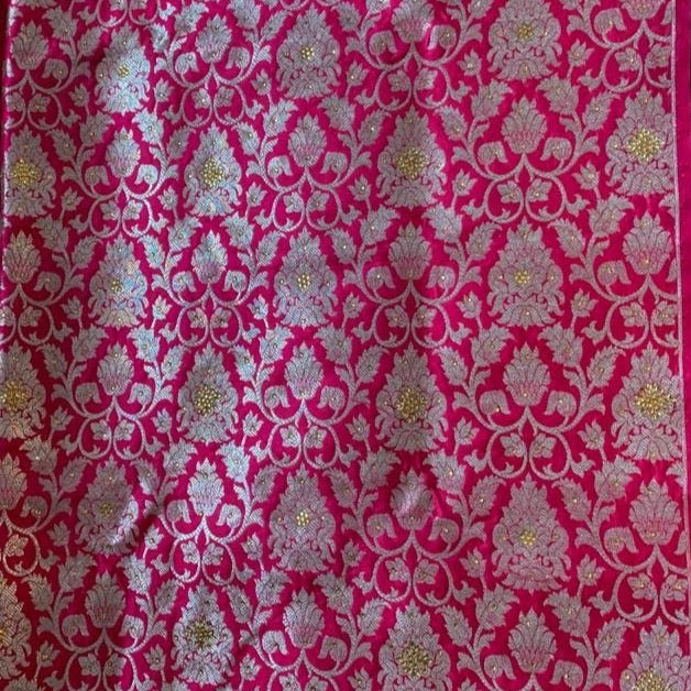 Pink Banarasi Brocade Blouse Piece With Silver Zari & Gold Kundan - Aprudha