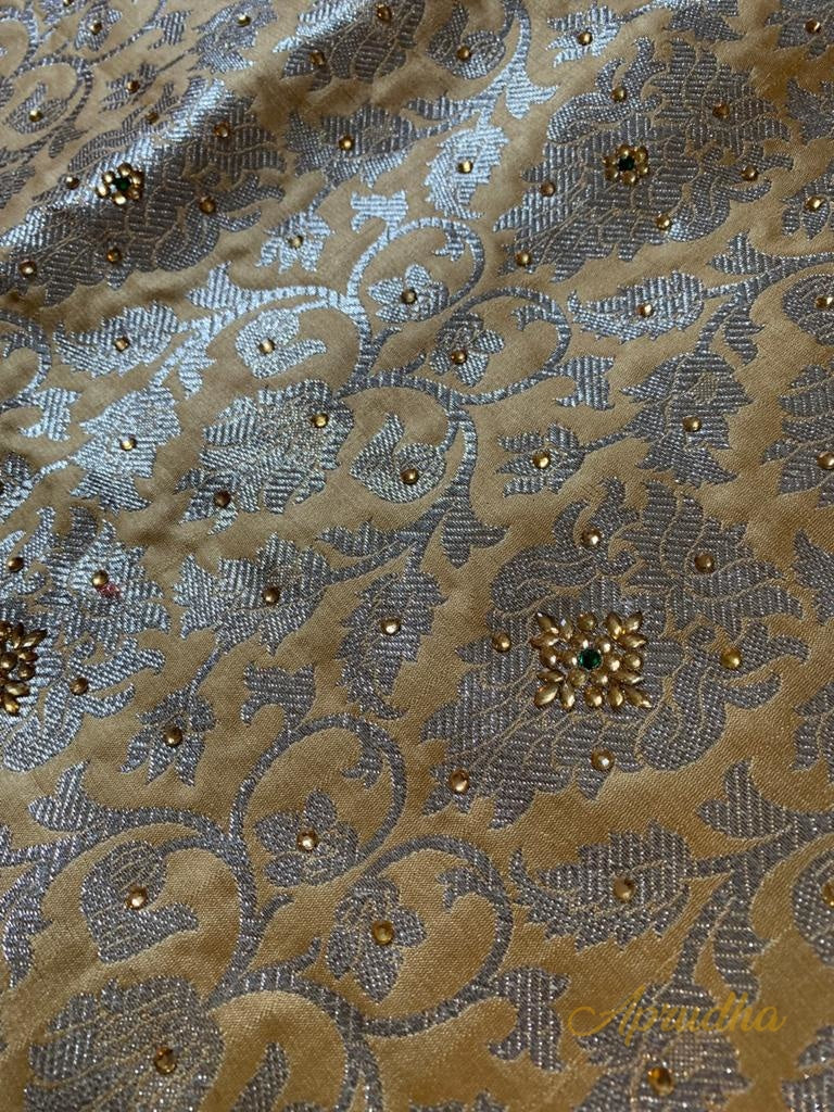 Golden Beige Banarasi Blouse Piece With Silver Zari - Aprudha