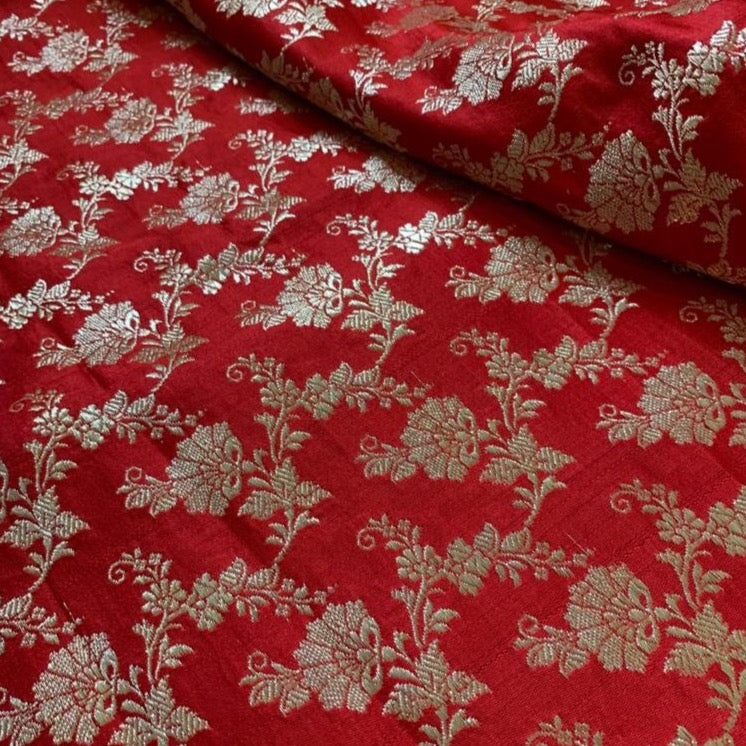 Bridal Red Banarasi Brocade Blouse Piece With Silver Zari - Aprudha