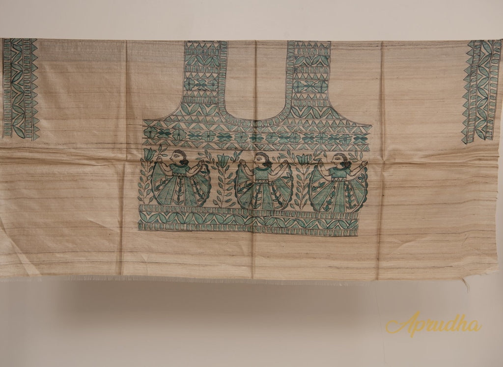 Timeless Art - Beige Tussar Silk Madhubani Handpainted Blouse Piece - Aprudha