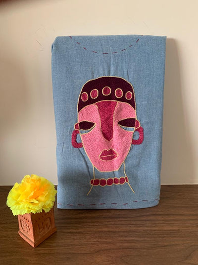 Blue - Pink Hand Embroidered - Face Mask Blouse Piece