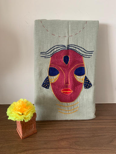 Olive Green - Pink Hand Embroidered - Face Mask Blouse Piece
