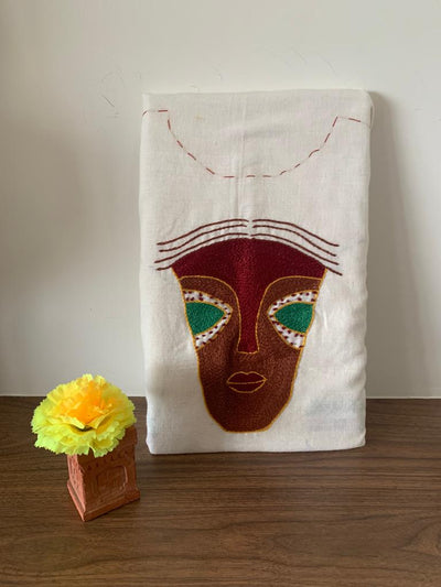 White - Brown Hand Embroidered - Face Mask Blouse Piece