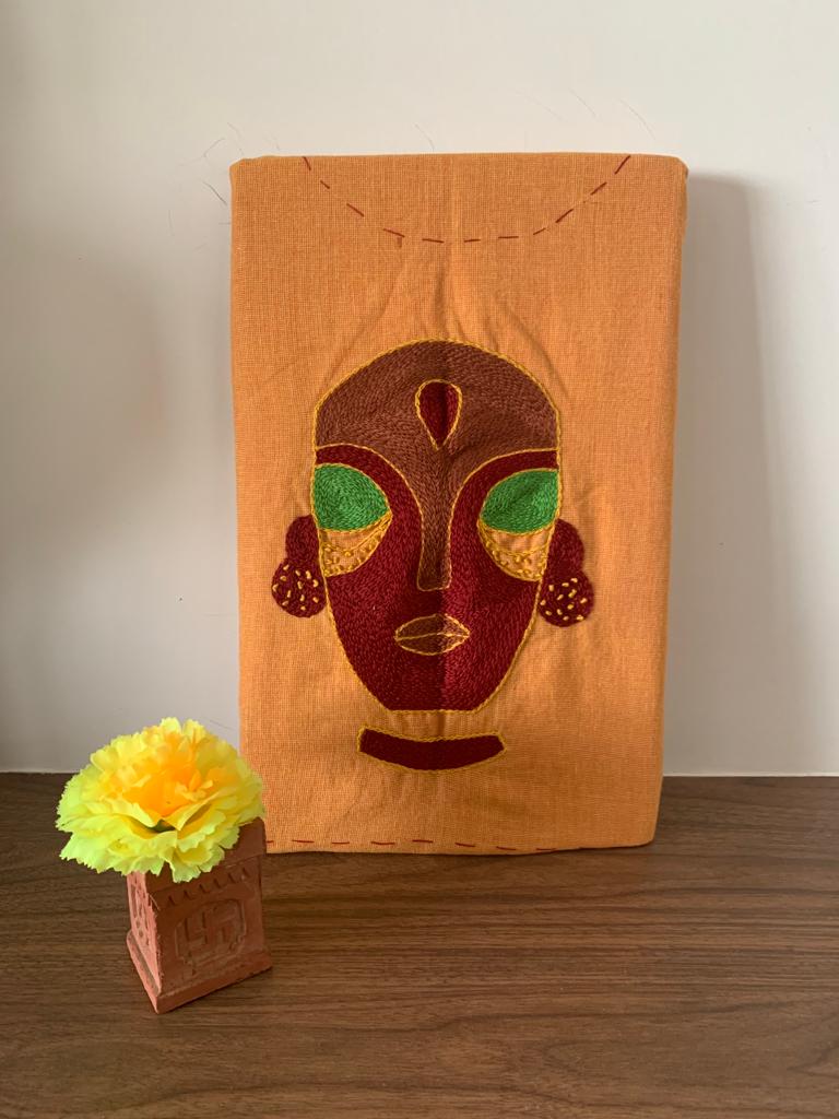 Orange - Brown Hand Embroidered - Face Mask Blouse Piece