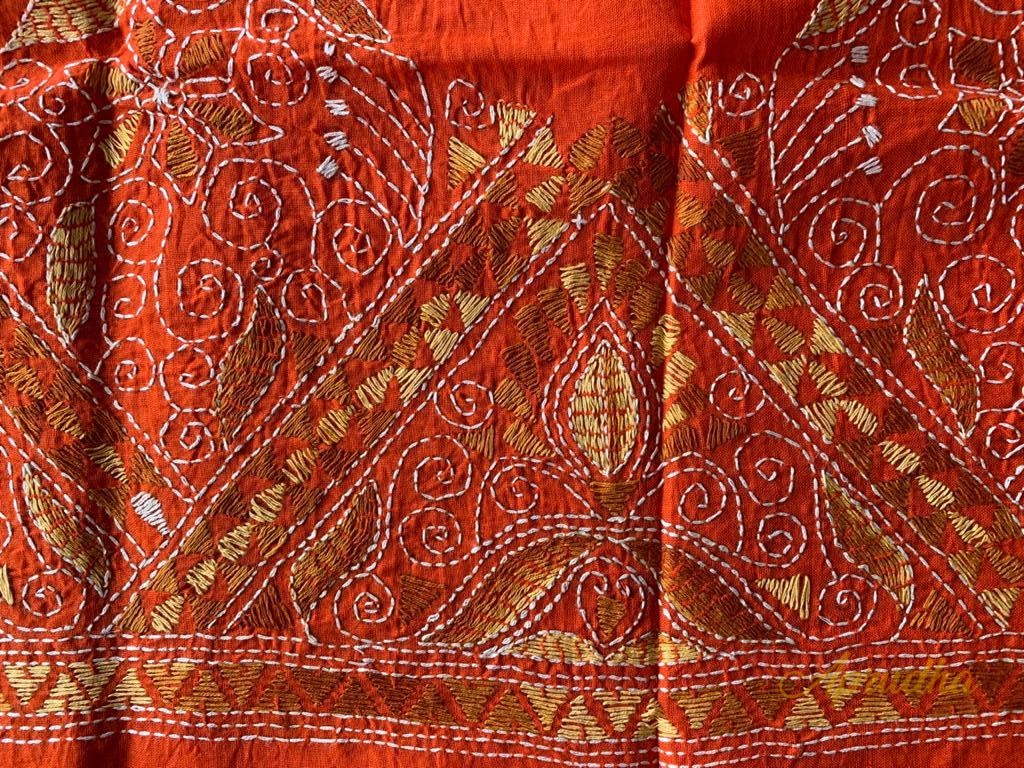 Red & Brown Floral Kantha Hand-Embroidered Blouse Piece